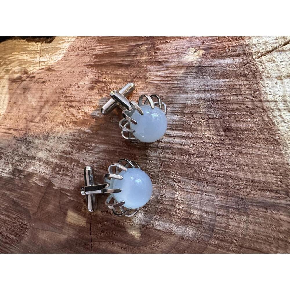 Vintage Mens Silver Cufflinks with Moonstone